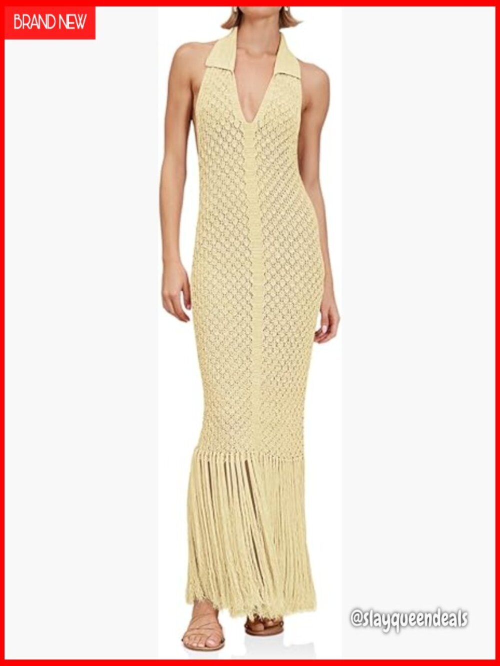 Halter Crochet Cover Up Maxi Dress Backless Fringe Beach Vacation